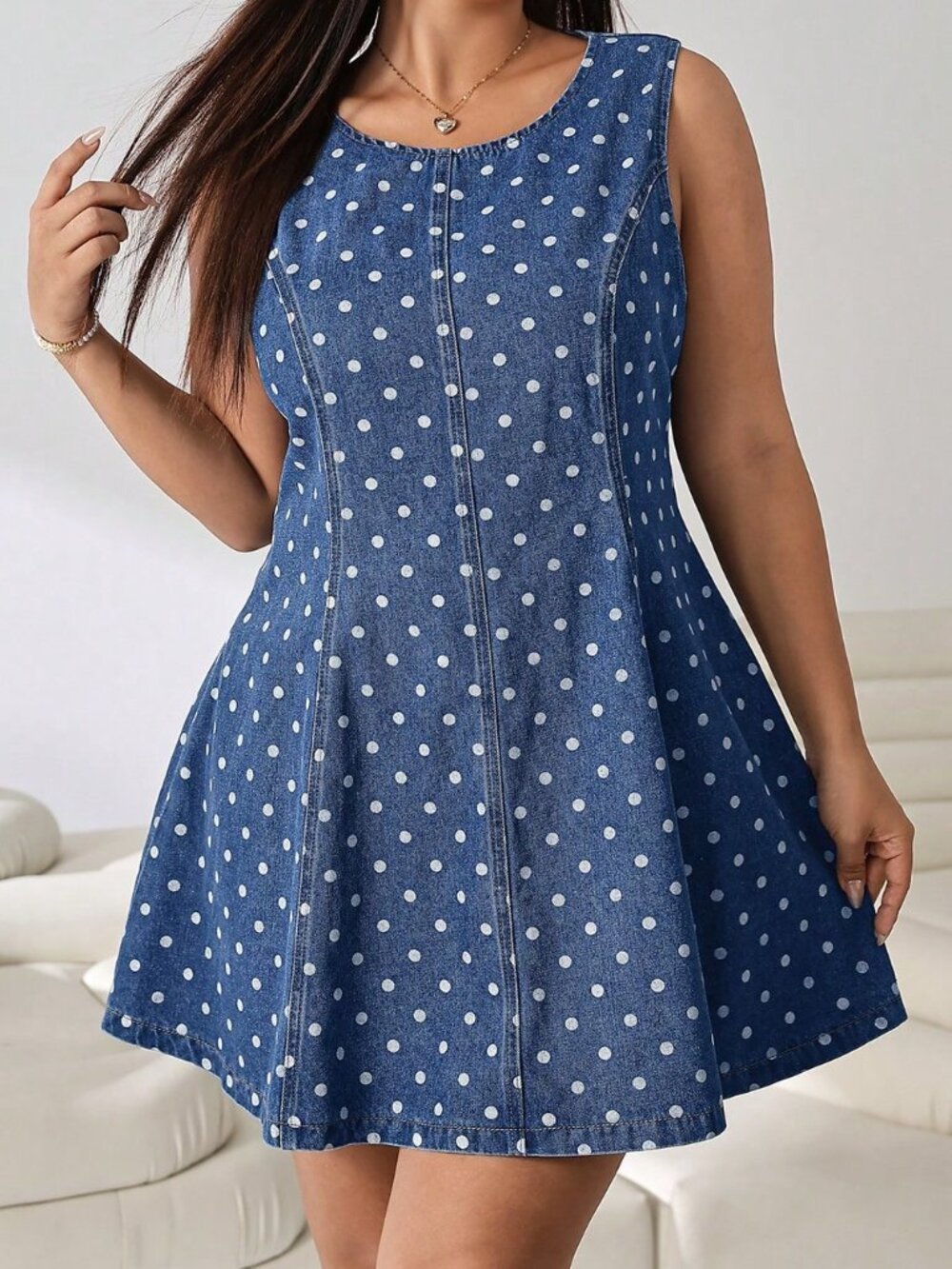 Multicolor Casual Women's Plus Size Regular Fit Round Neck Polka Dot Denim Dress